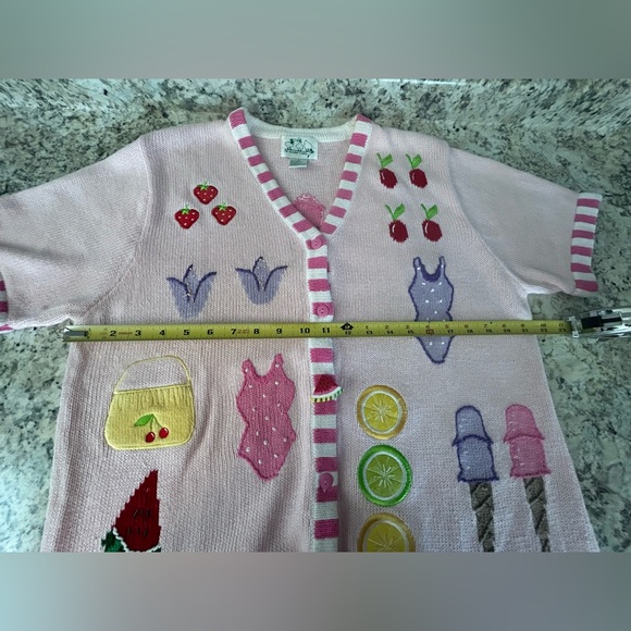 Quacker Factory Pink Summertime Novelty Cardigan Sweater Button Covers Size M - Picture 15 of 16